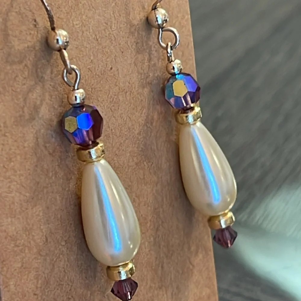 Vintage 14kt Gold Filled Faux Pearl & Purple AB Dangle Earrings